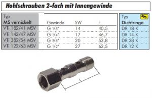 Hohlschrauben zylindrisches Innengewinde 2-fach für CK-Verschraubungen Messing vernickelt, alle Größen